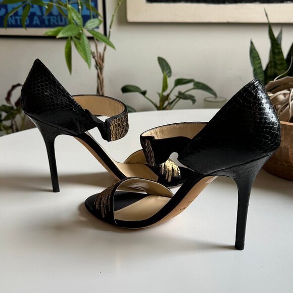 Jimmy Choo Black Satin Tallow Gold Sequin Open Toe Heel Sandals 41 - Picture 5 of 7